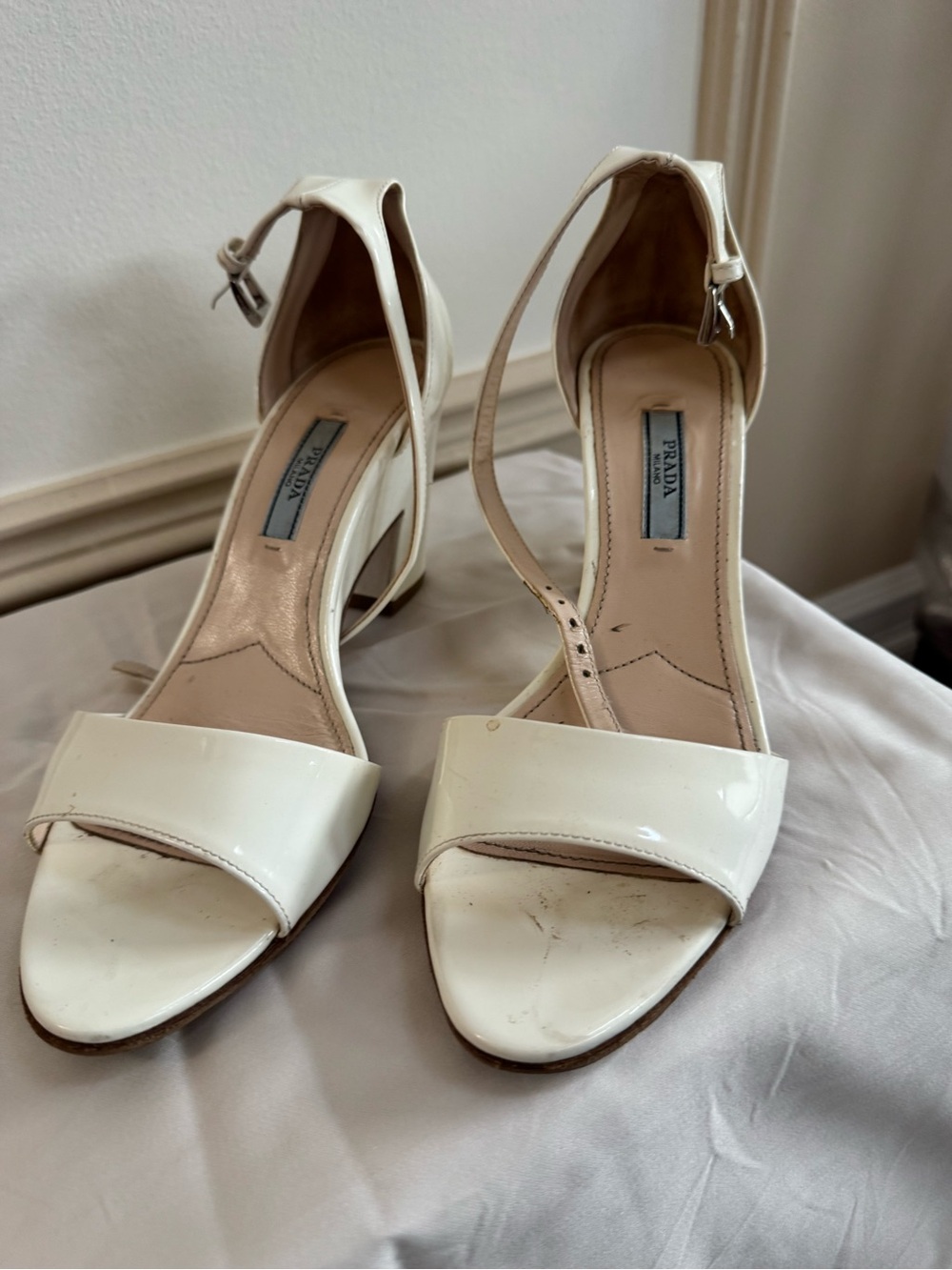 Prada White Patent Leather Ankle-Strap Heels